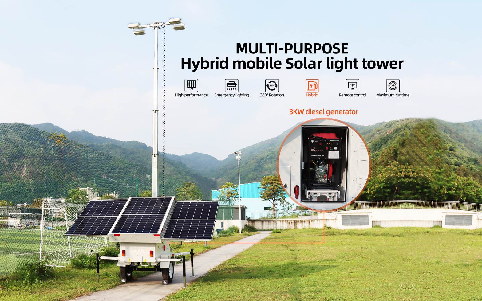 Mobile Retractable Solar-Powered Hybrid Light Tower Solutions for emergency lighting(图1) Mobile Retractable Solar-Powered Hybrid Light Tower Solutions for emergency lighting(图1)