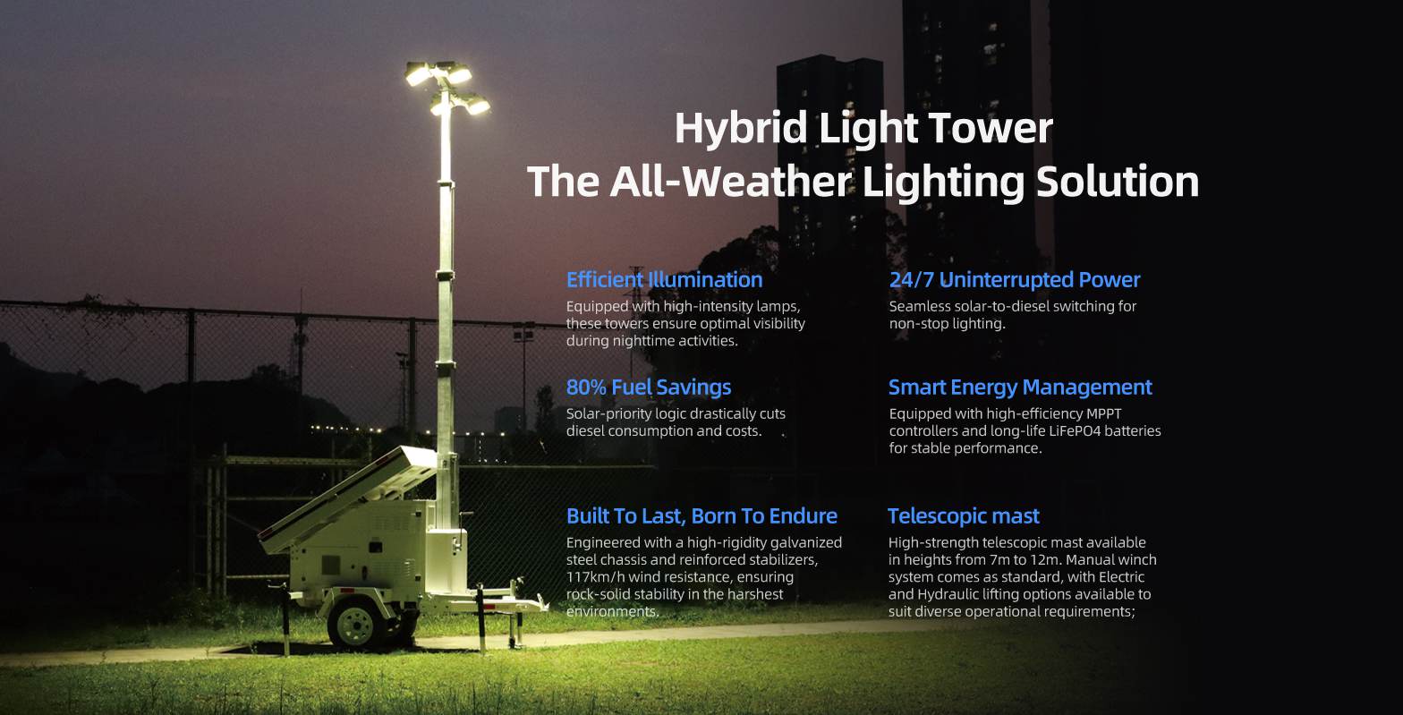 Mobile Retractable Solar-Powered Hybrid Light Tower Solutions for emergency lighting(图2) Mobile Retractable Solar-Powered Hybrid Light Tower Solutions for emergency lighting(图2)